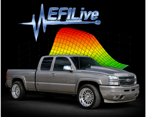 Gray pickup truck with EFILive logo and colorful wave graphic on a black background